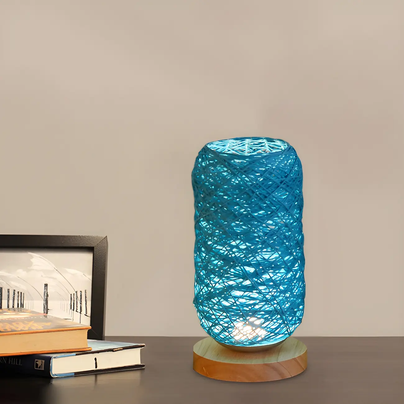 Macaron LED Woven Bedside Lamp with USB and Wooden Base Image - 1 | homeyfad