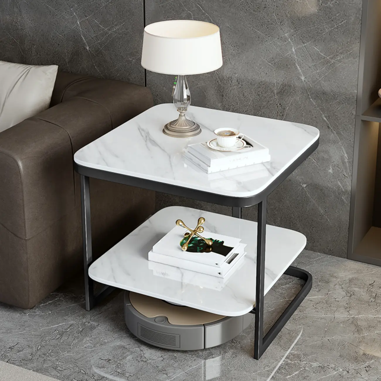 2-Tier C-Shaped White Marble Side Table with Shelf Image - 12 | homeyfad