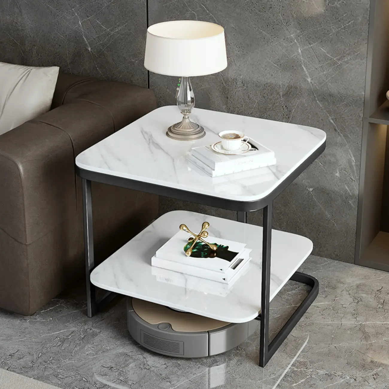 2-Tier C-Shaped White Marble Side Table with Shelf Image - 12