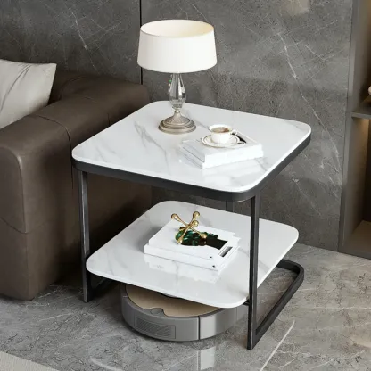 2-Tier C-Shaped White Marble Side Table with Shelf Image - 12