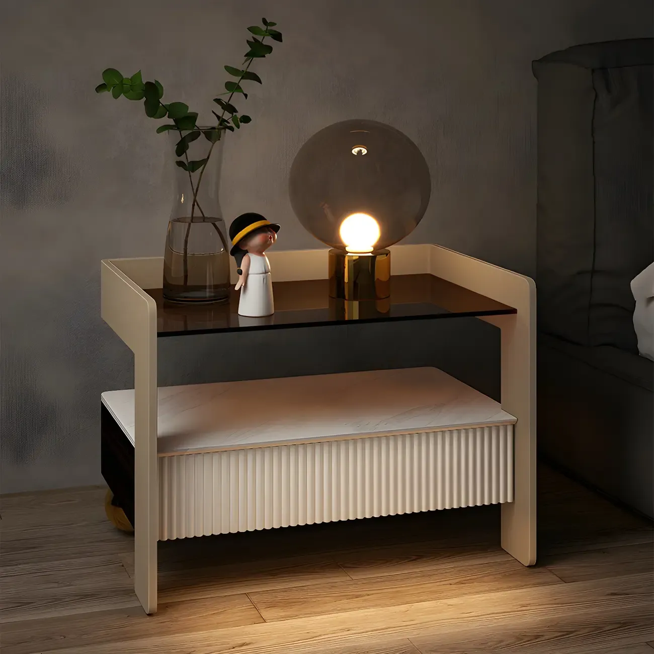 Modern Bedside Table with Drawer Glass Top and Open Storage Image - 1