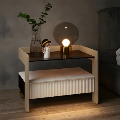 Modern Bedside Table with Drawer Glass Top and Open Storage Image - 1