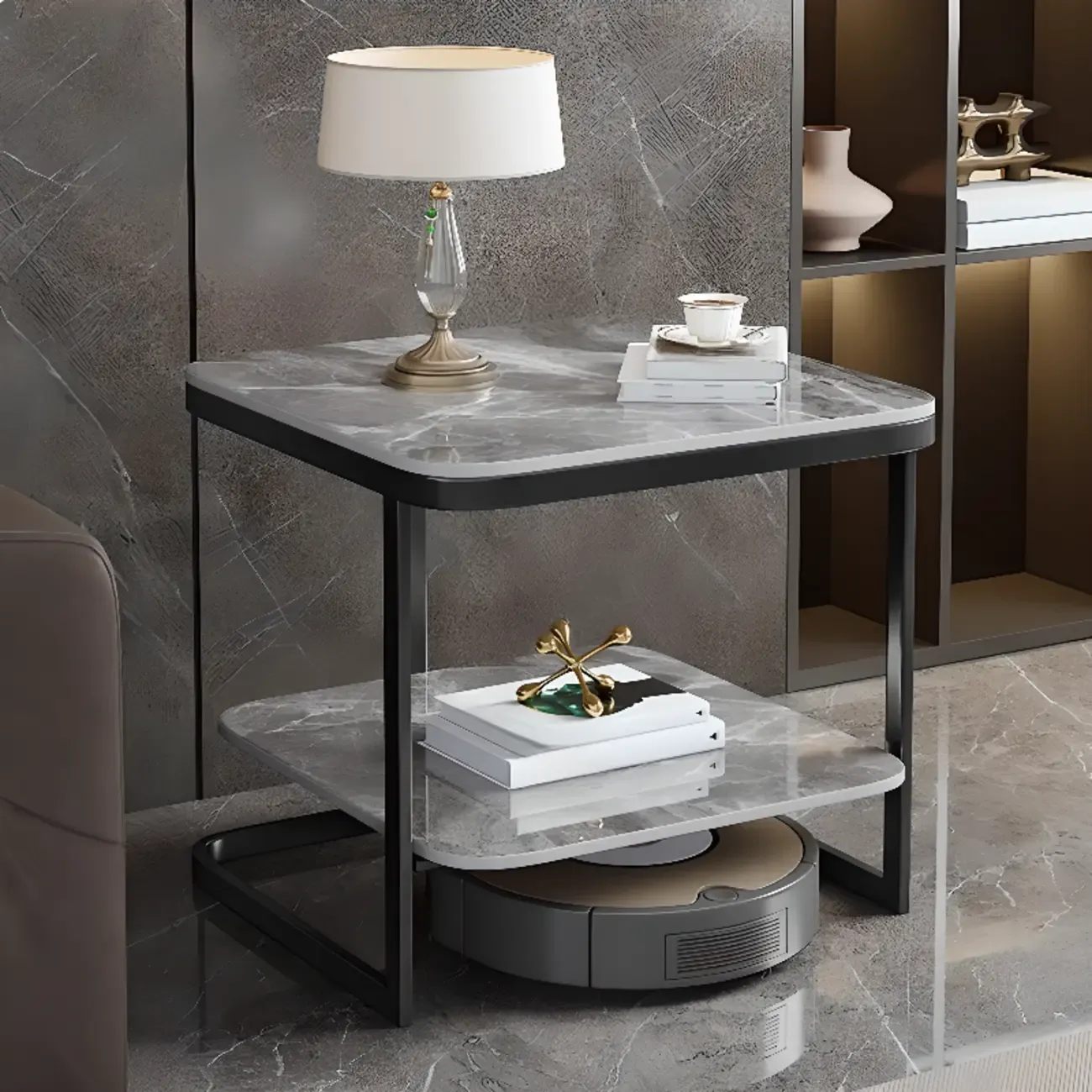 2-Tier C-Shaped White Marble Side Table with Shelf Image - 13