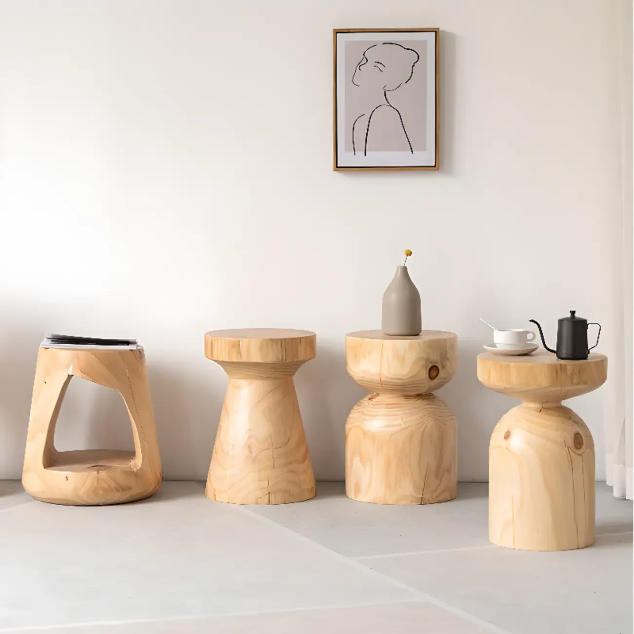 Natural Pine Small Wood Round End Table for Living Room Image - 4