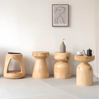  Natural Pine Small Wood Round End Table for Living Room Image - 4