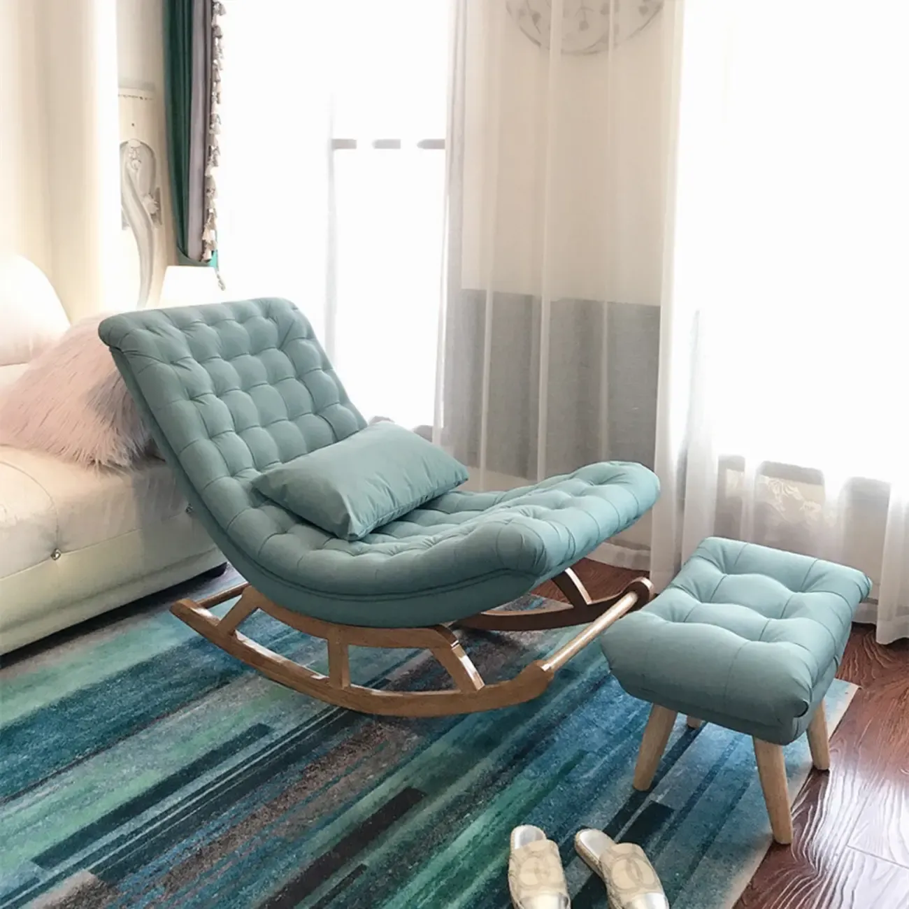 Modern Upholstered Ergonomic Rocking Chair with Ottoman Image - 9