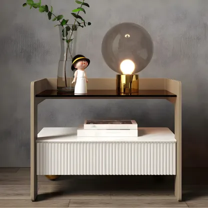 Modern Bedside Table with Drawer Glass Top and Open Storage Image - 2