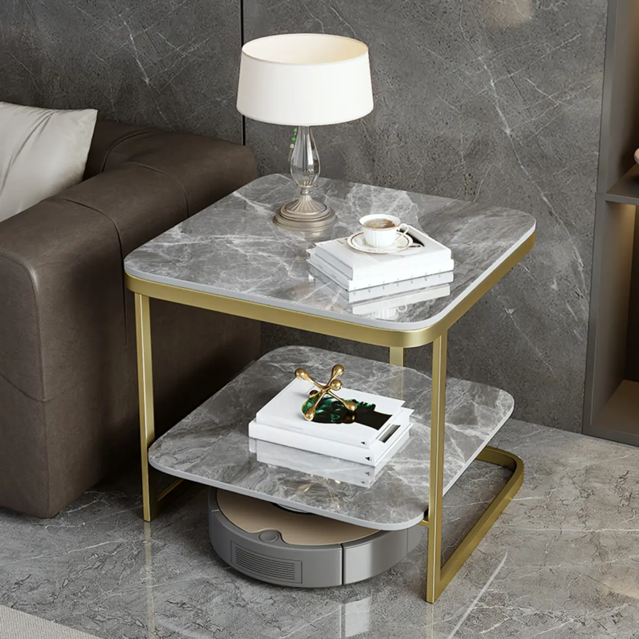 2-Tier C-Shaped White Marble Side Table with Shelf Image - 14 | homeyfad