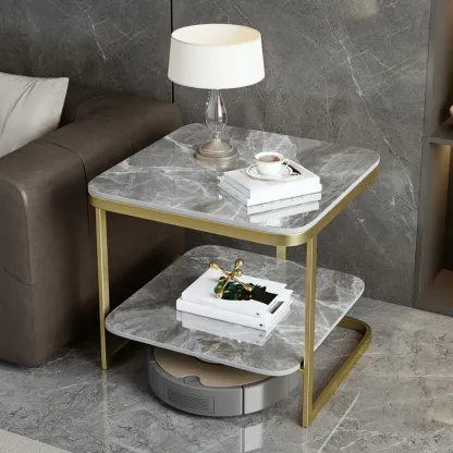 2-Tier C-Shaped White Marble Side Table with Shelf Image - 14
