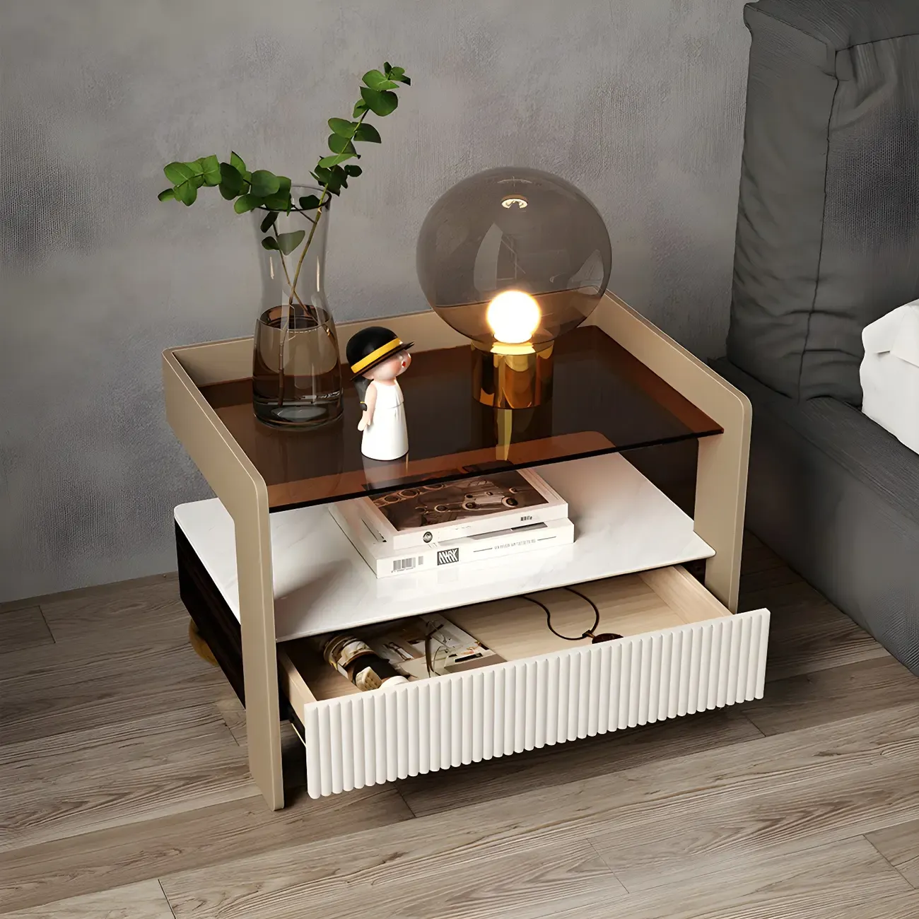 Modern Bedside Table with Drawer Glass Top and Open Storage Image - 3