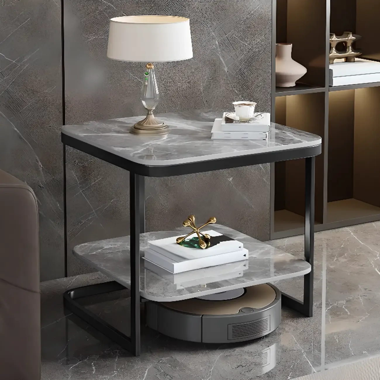 2-Tier C-Shaped White Marble Side Table with Shelf Image - 15