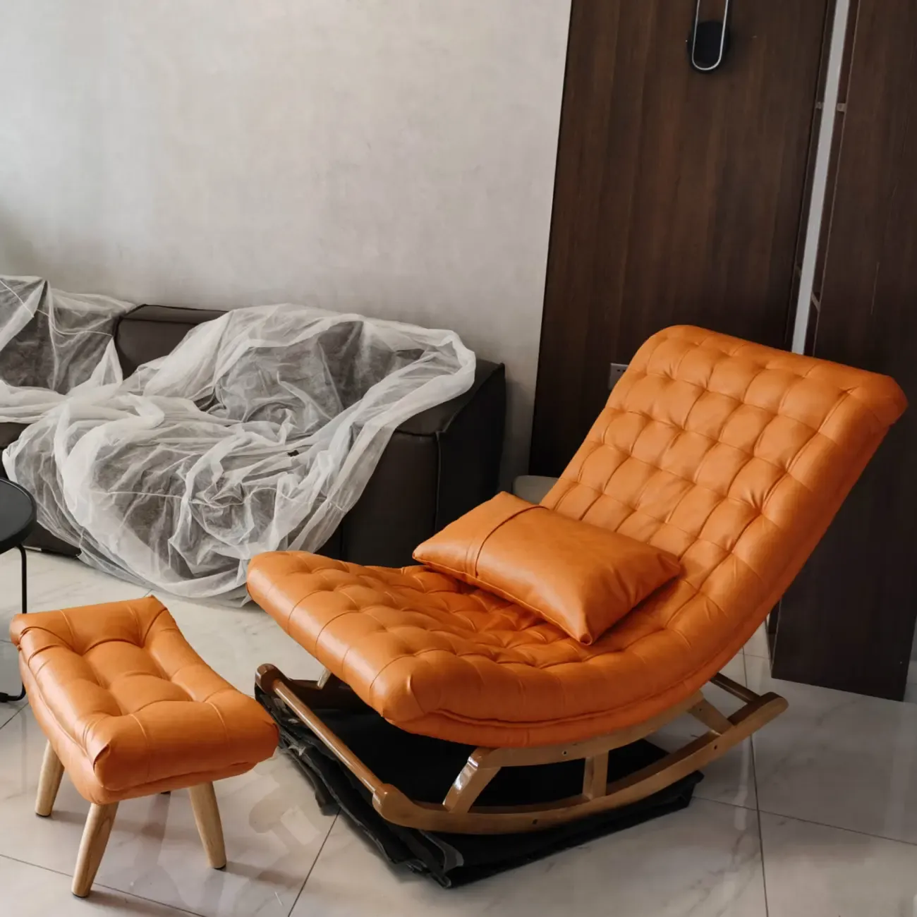 Modern Upholstered Ergonomic Rocking Chair with Ottoman Image - 10