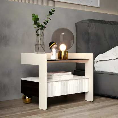 Modern Bedside Table with Drawer Glass Top and Open Storage Image - 4