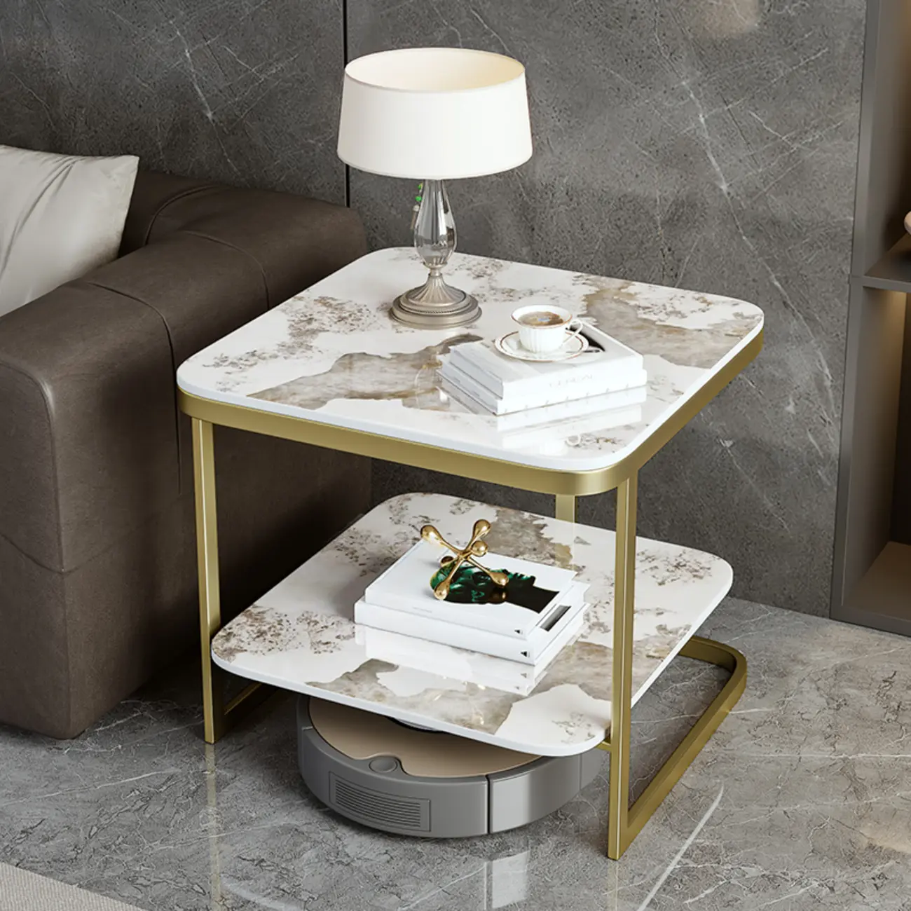 2-Tier C-Shaped White Marble Side Table with Shelf Image - 16 | homeyfad