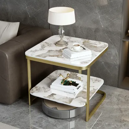 2-Tier C-Shaped White Marble Side Table with Shelf Image - 16