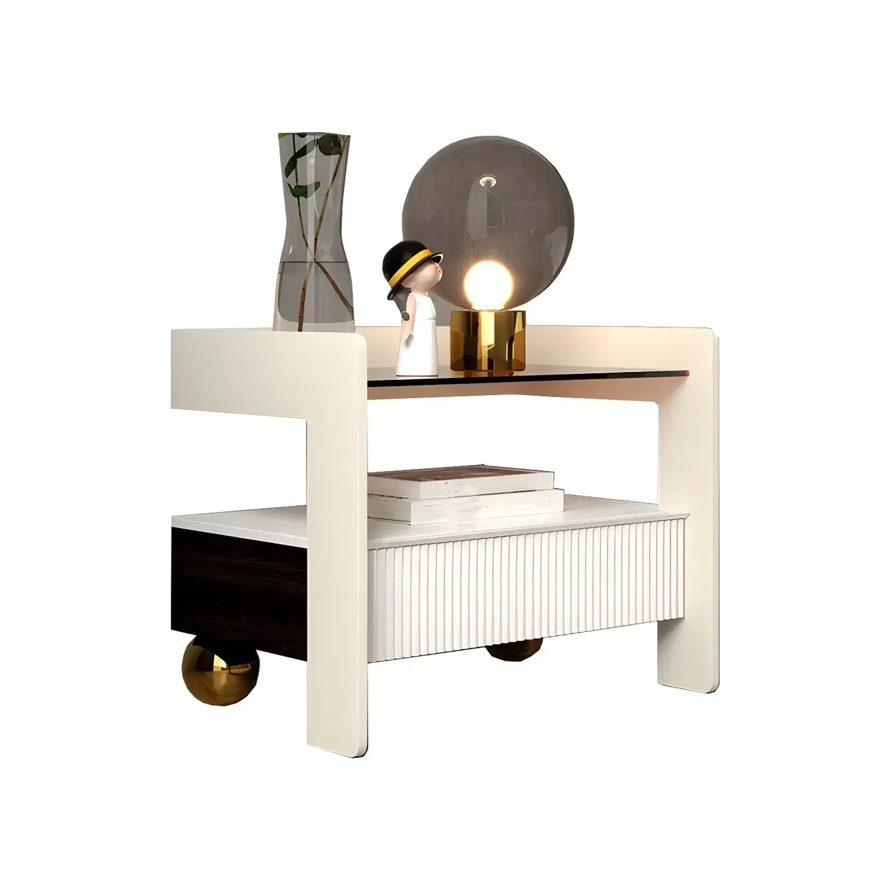 Modern Bedside Table with Drawer Glass Top and Open Storage Image - 5