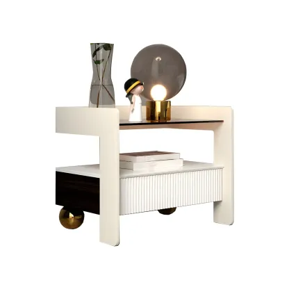 Modern Bedside Table with Drawer Glass Top and Open Storage Image - 5