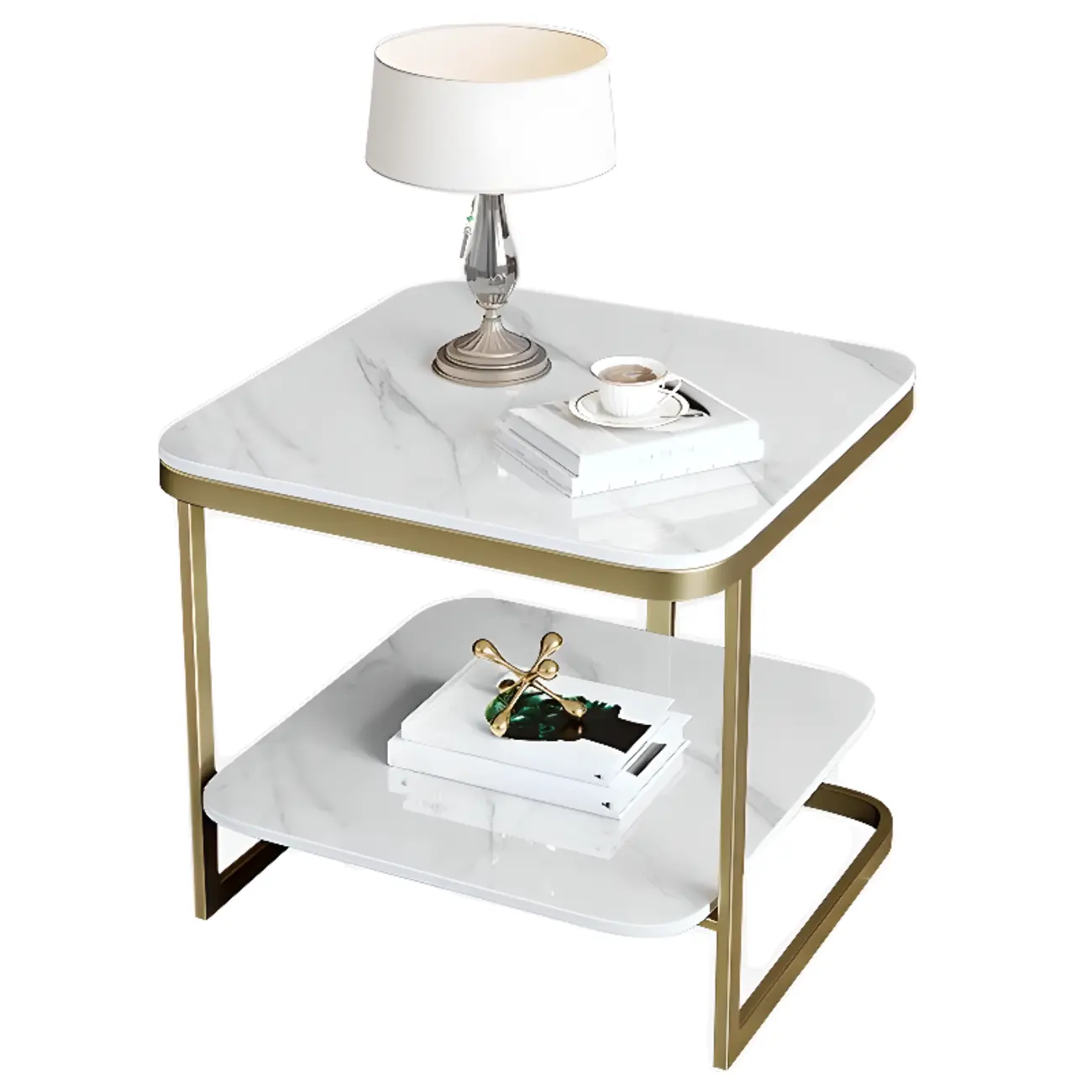 2-Tier C-Shaped White Marble Side Table with Shelf Image - 10 | homeyfad