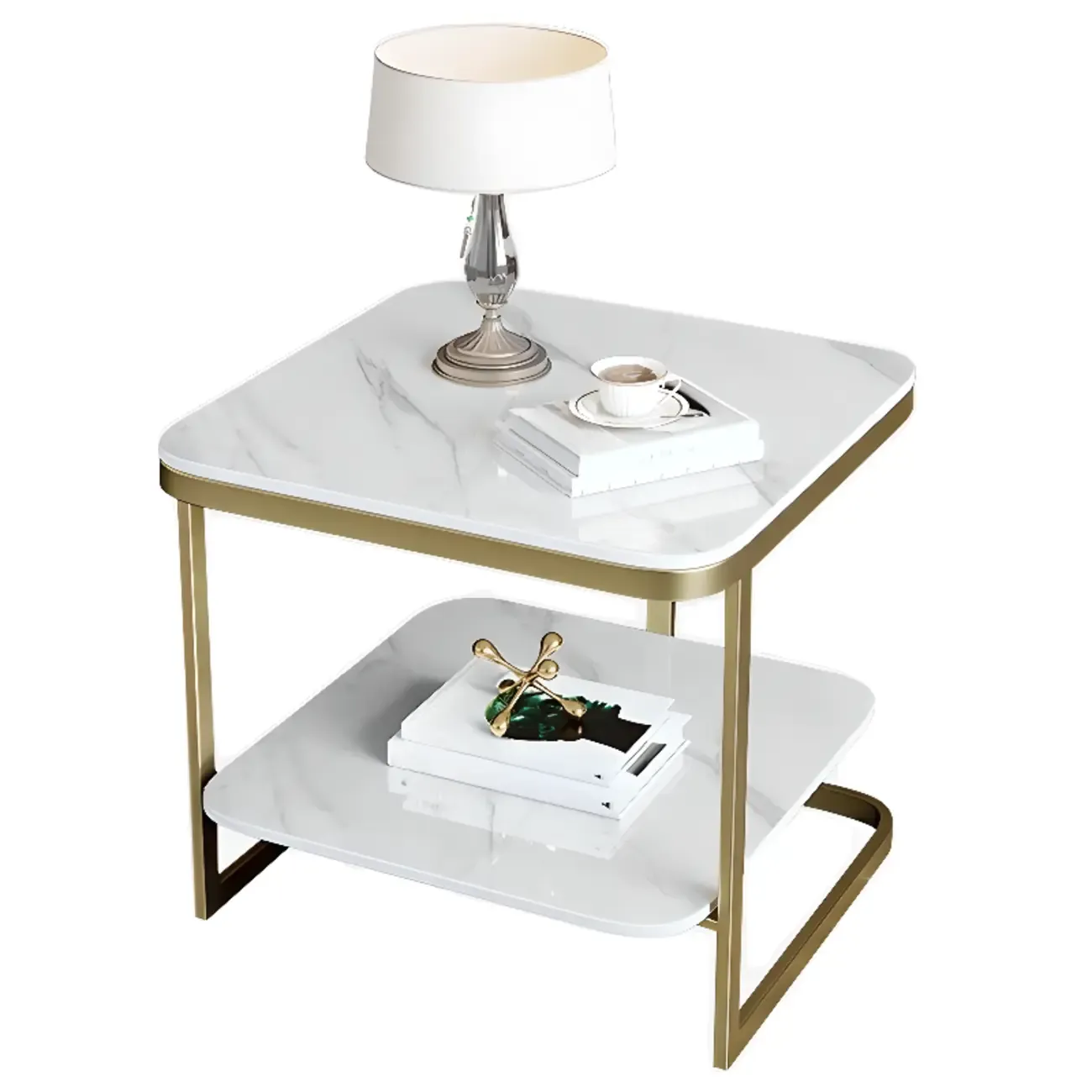 2-Tier C-Shaped White Marble Side Table with Shelf Image - 10