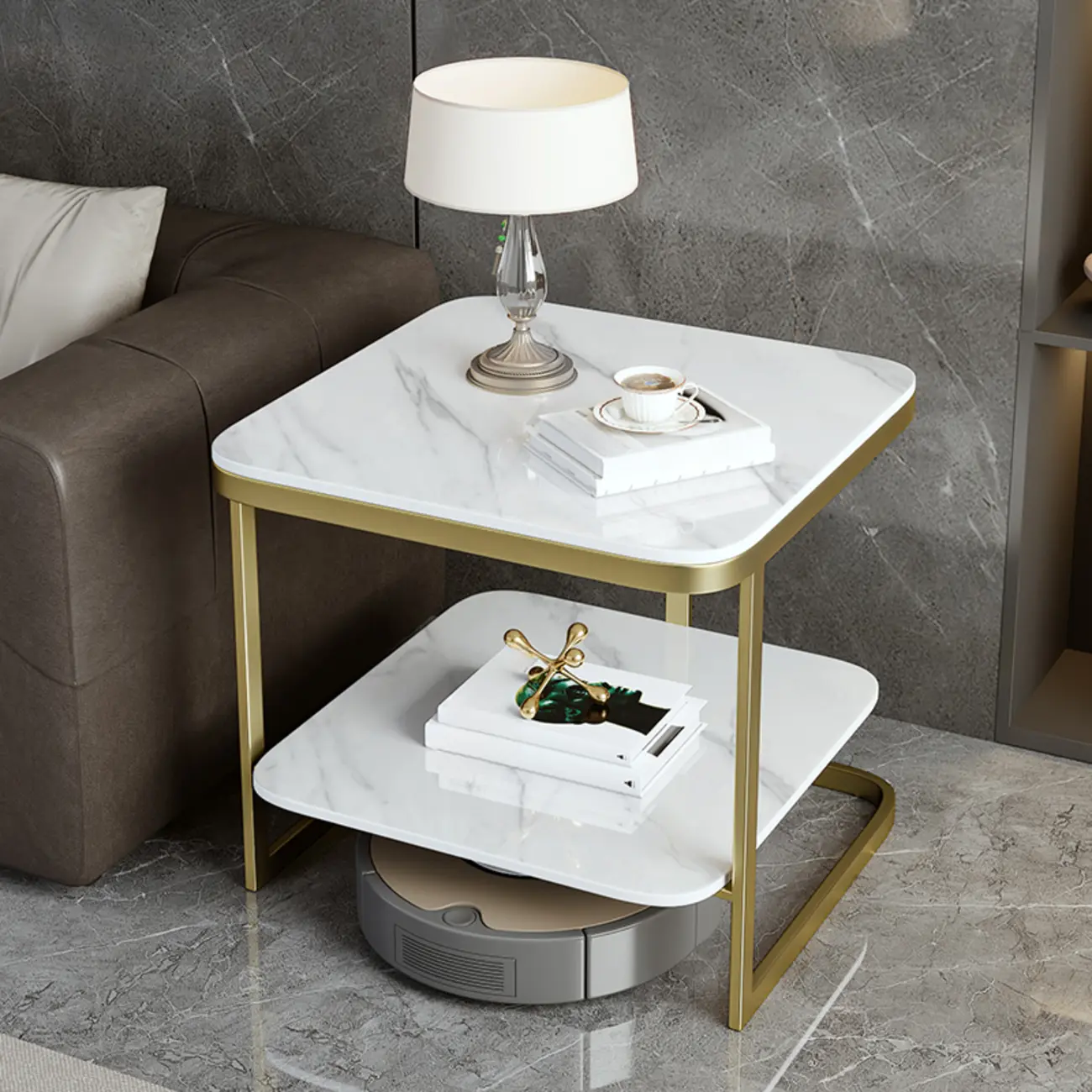 2-Tier C-Shaped White Marble Side Table with Shelf Image - 17 | homeyfad