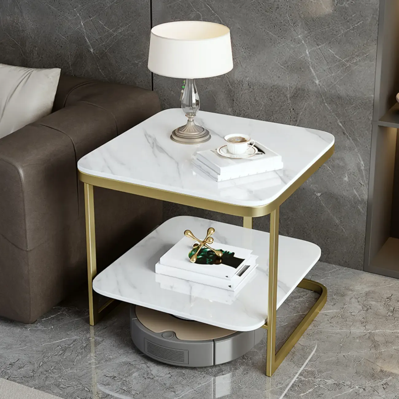 2-Tier C-Shaped White Marble Side Table with Shelf Image - 17