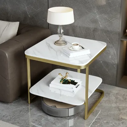 2-Tier C-Shaped White Marble Side Table with Shelf Image - 17