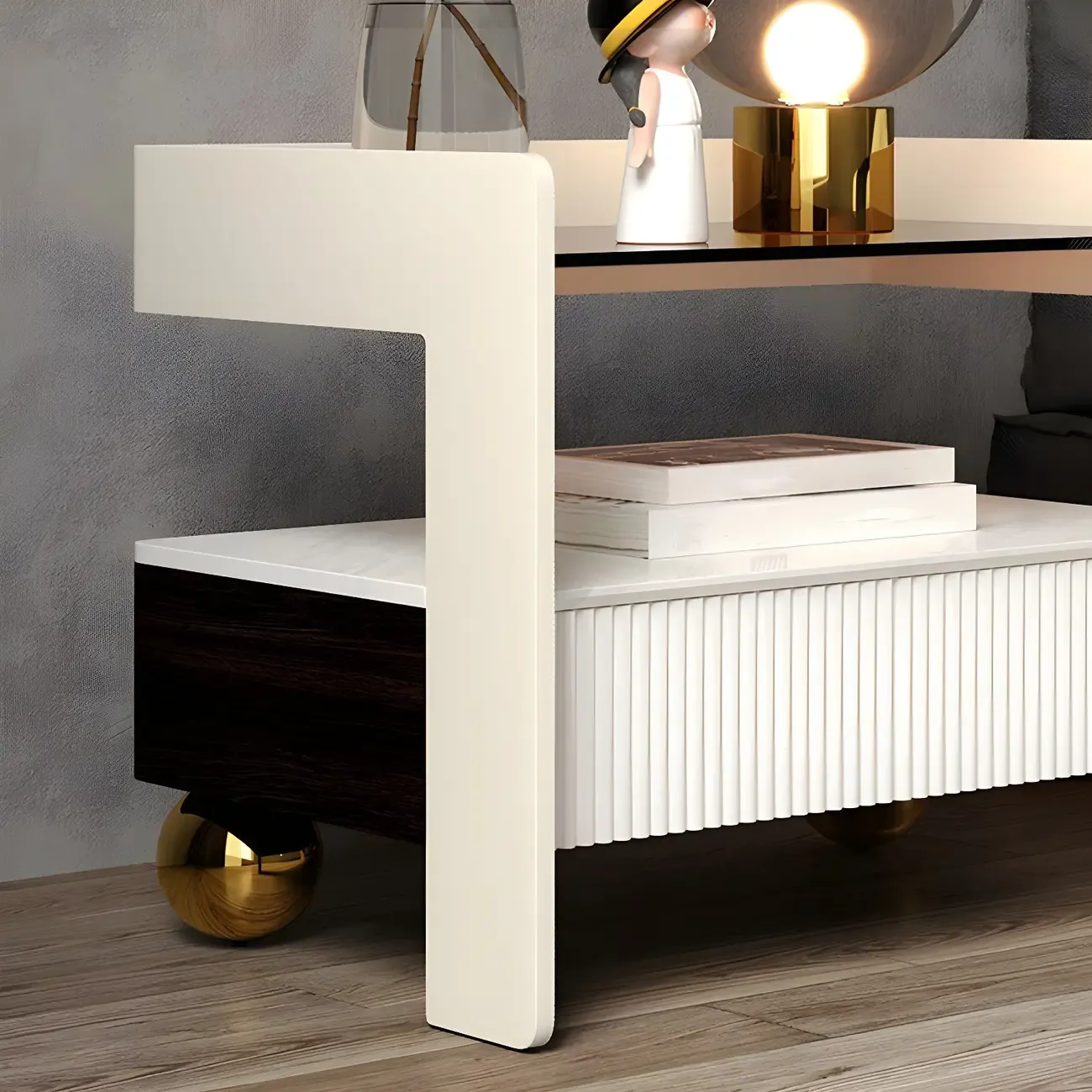 Modern Bedside Table with Drawer Glass Top and Open Storage Image - 7