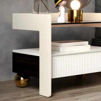 Modern Bedside Table with Drawer Glass Top and Open Storage Image - 7