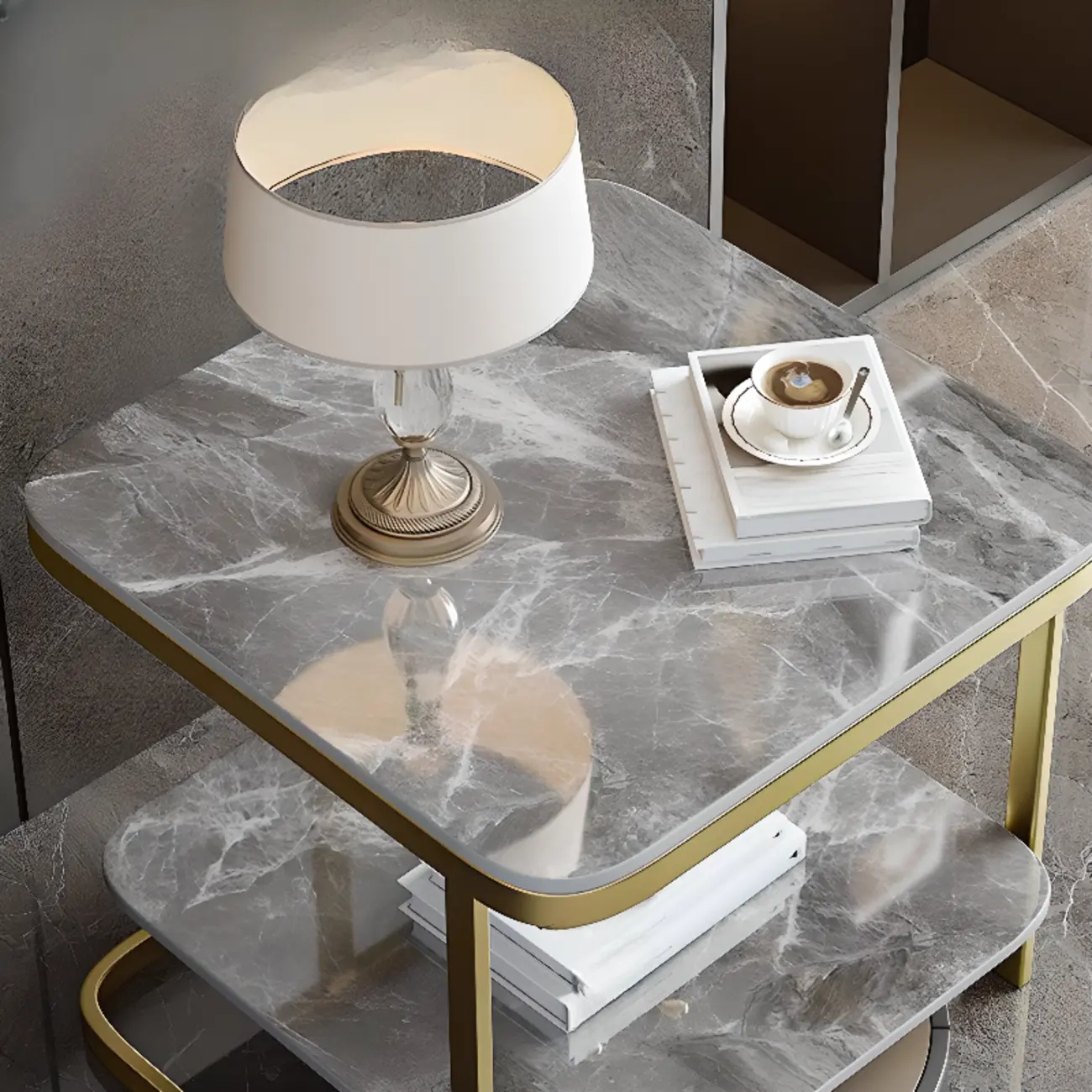 2-Tier C-Shaped White Marble Side Table with Shelf Image - 6 | homeyfad