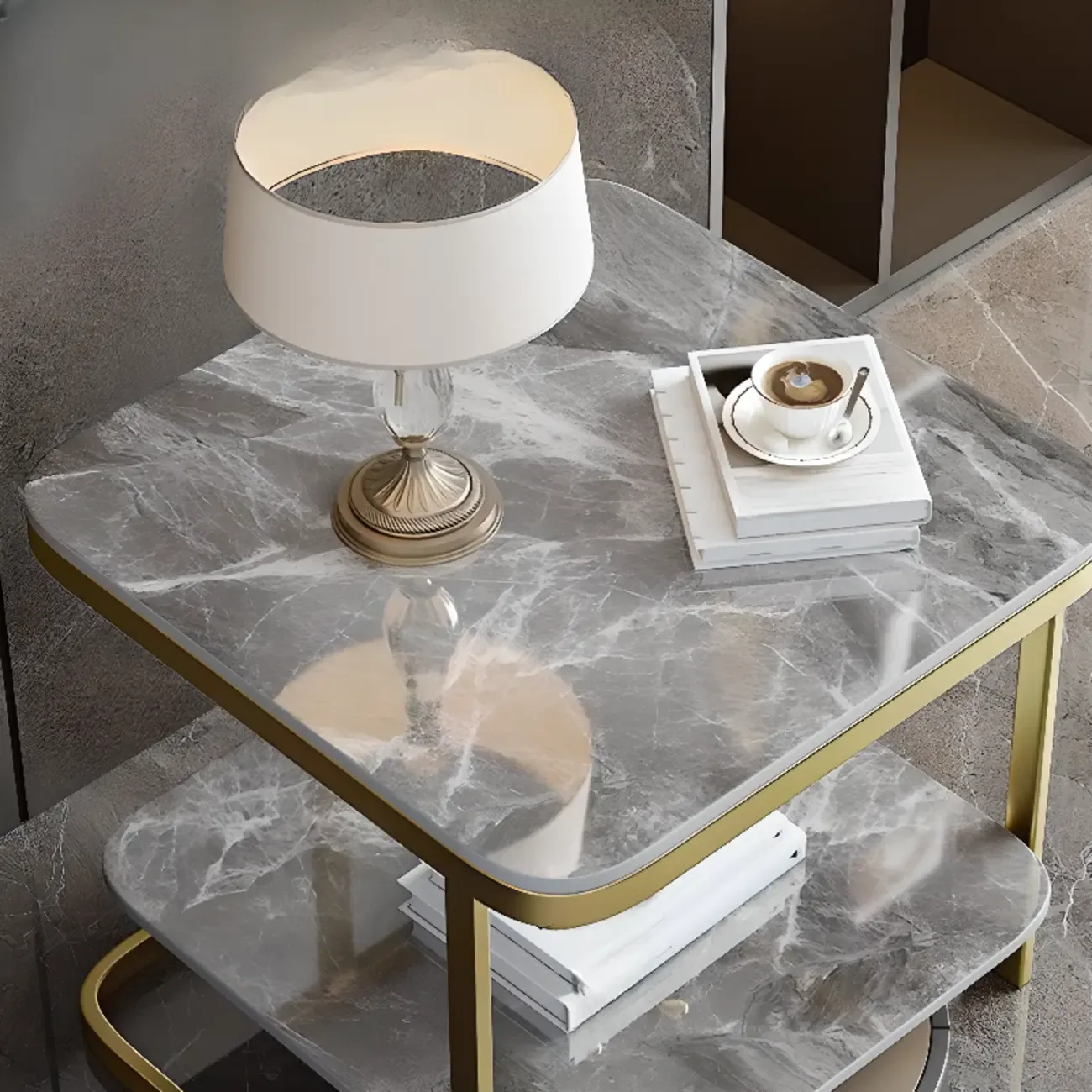 2-Tier C-Shaped White Marble Side Table with Shelf Image - 6