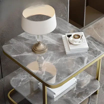 2-Tier C-Shaped White Marble Side Table with Shelf Image - 6