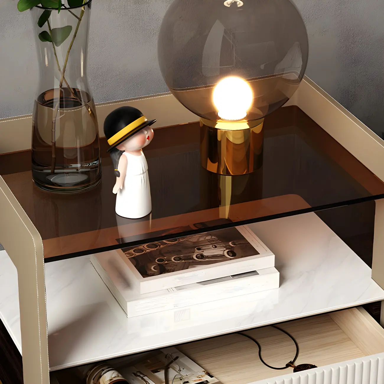 Modern Bedside Table with Drawer Glass Top and Open Storage Image - 8 | homeyfad