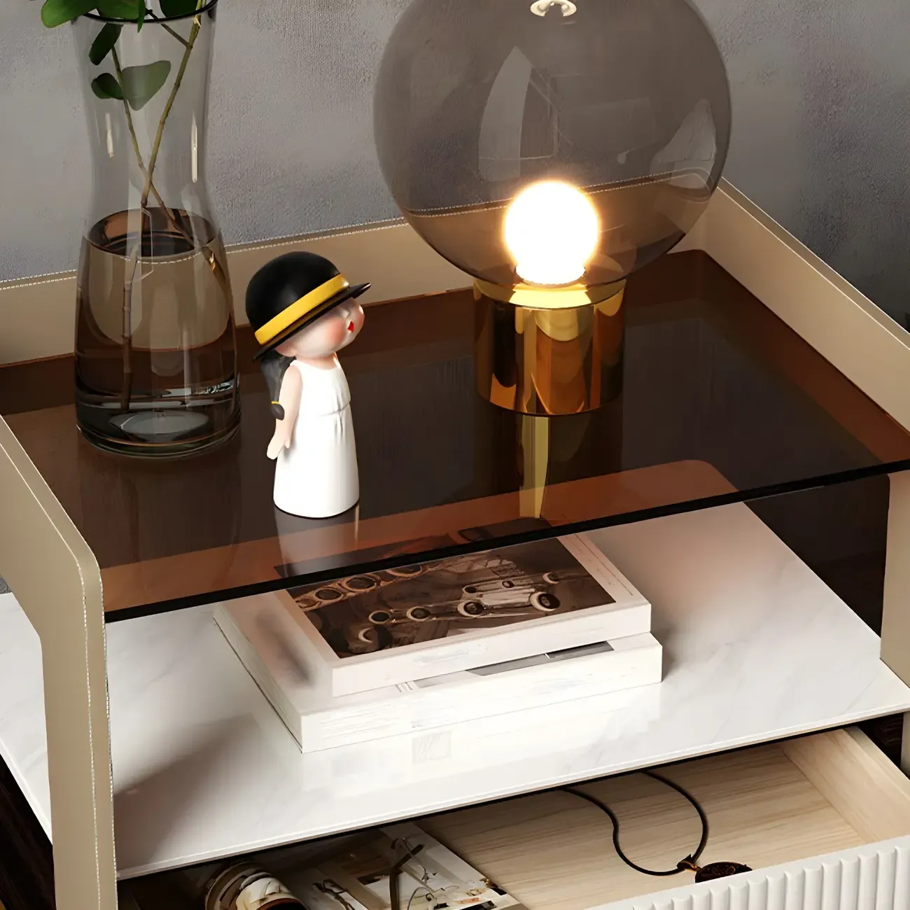 Modern Bedside Table with Drawer Glass Top and Open Storage Image - 8
