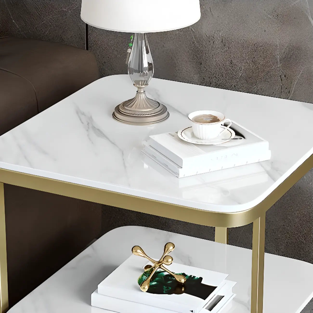 2-Tier C-Shaped White Marble Side Table with Shelf Image - 5 | homeyfad