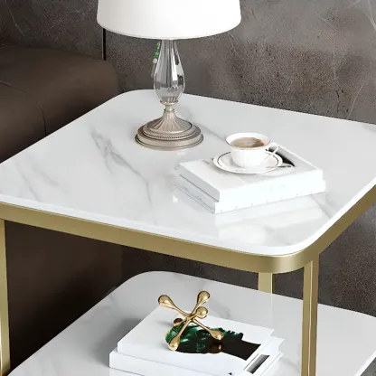 2-Tier C-Shaped White Marble Side Table with Shelf Image - 5