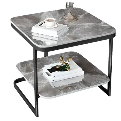 2-Tier C-Shaped White Marble Side Table with Shelf Image - 11