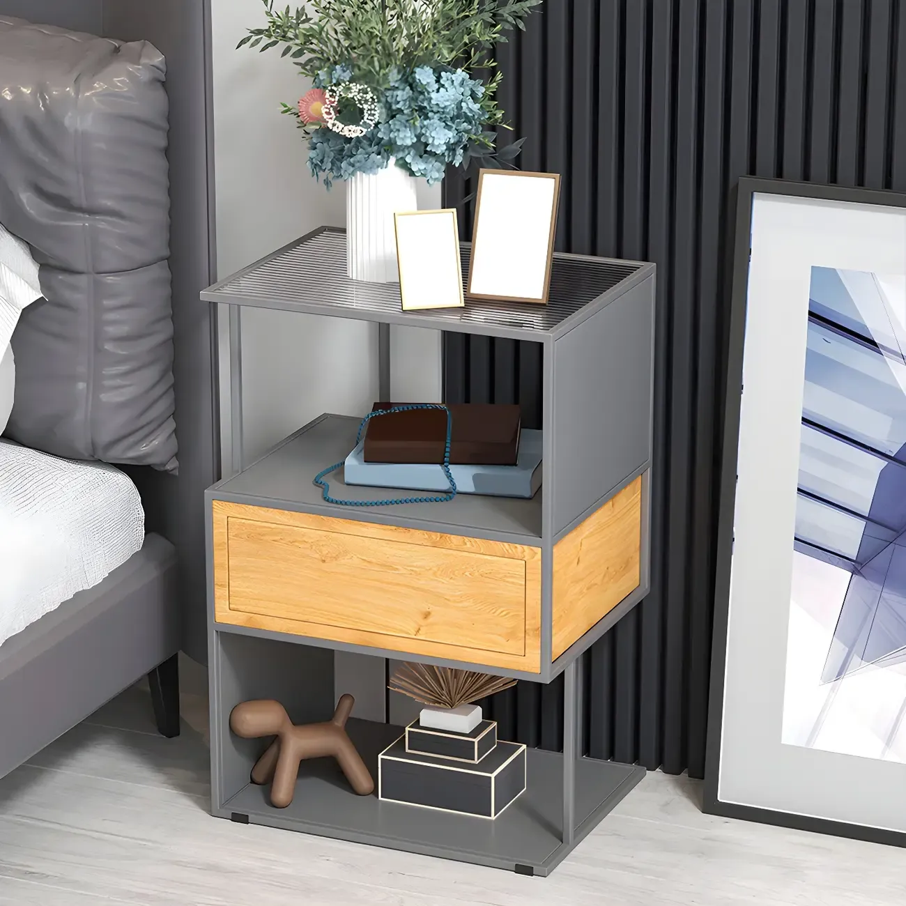 Modern Grey Nightstand Glass Top 1 Drawer Open Shelves Storage Image - 1
