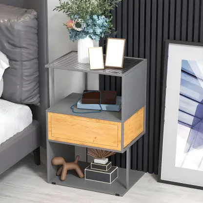 Modern Grey Nightstand Glass Top 1 Drawer Open Shelves Storage Image - 1