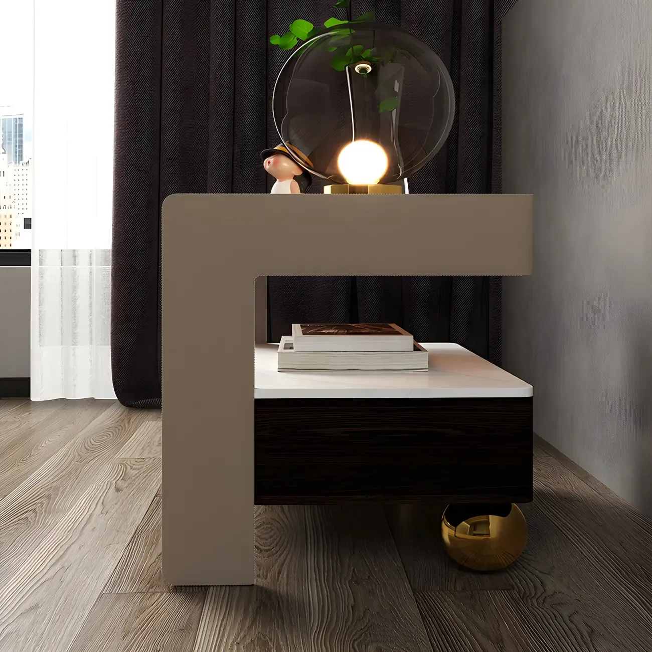 Modern Bedside Table with Drawer Glass Top and Open Storage Image - 10