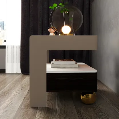Modern Bedside Table with Drawer Glass Top and Open Storage Image - 10