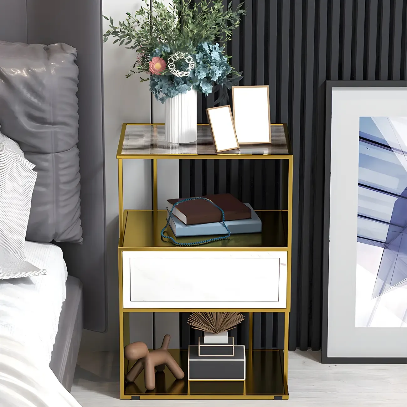 Modern Grey Nightstand Glass Top 1 Drawer Open Shelves Storage Image - 2