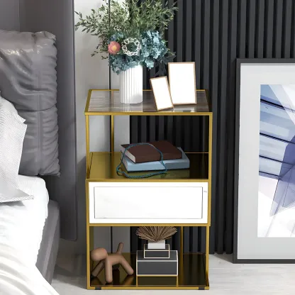 Modern Grey Nightstand Glass Top 1 Drawer Open Shelves Storage Image - 2