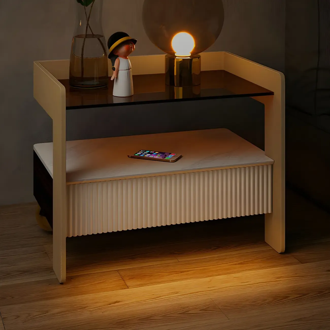 Modern Bedside Table with Drawer Glass Top and Open Storage Image - 11