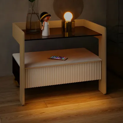 Modern Bedside Table with Drawer Glass Top and Open Storage Image - 11