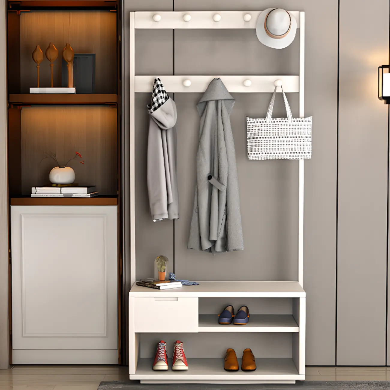 Scandinavian Wooden Coat Rack with Shoe Storage Image - 6 | homeyfad