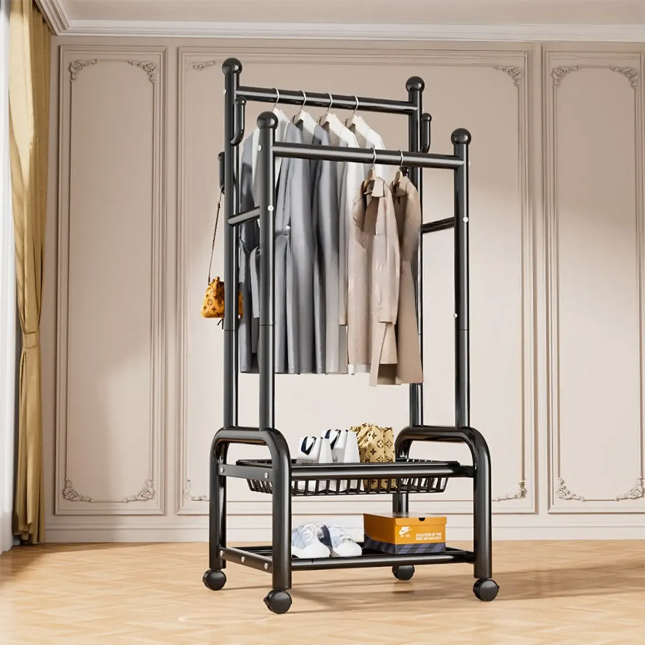 Glam Metal Coat Rack with Shelves and Shoe Storage Image - 2
