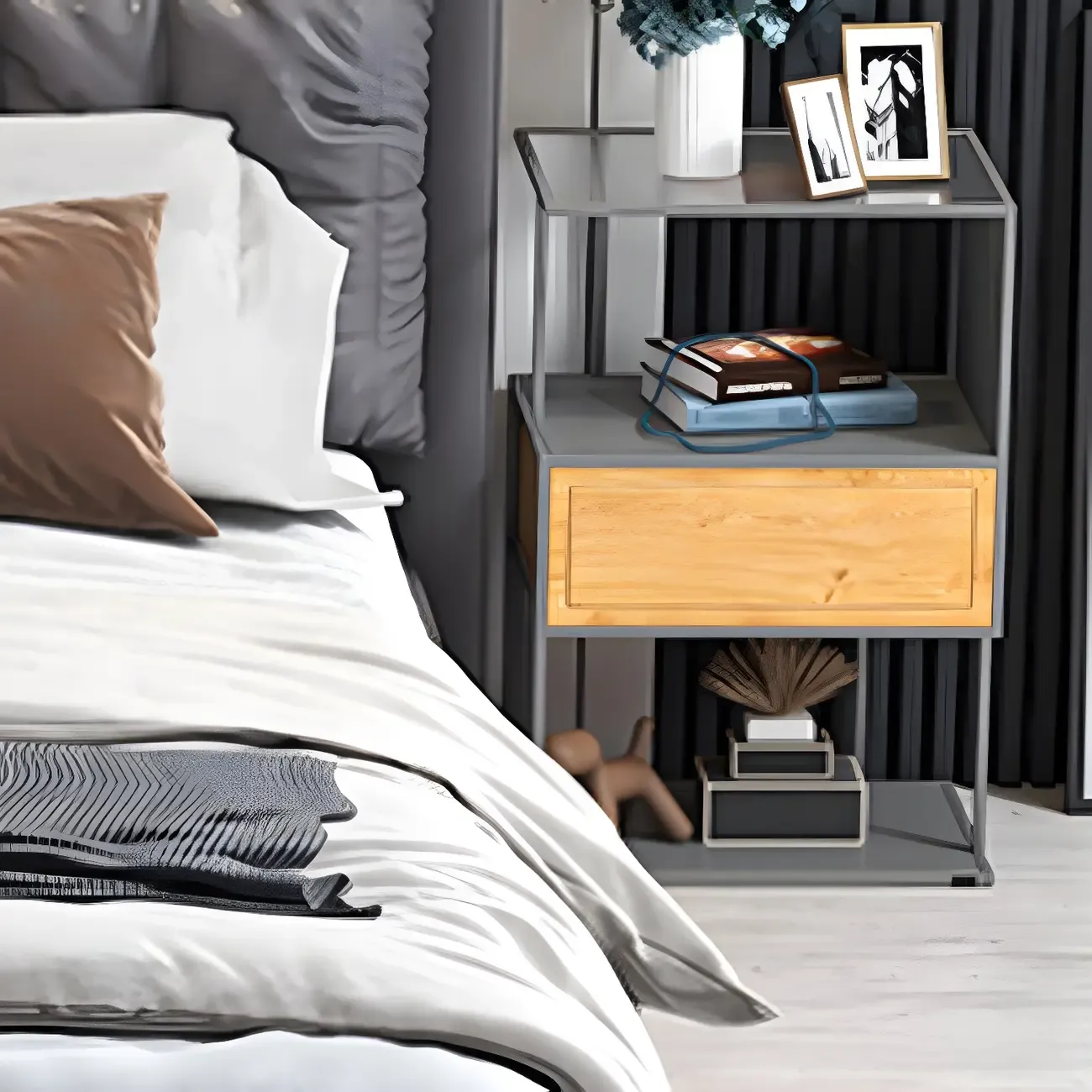 Modern Grey Nightstand Glass Top 1 Drawer Open Shelves Storage Image - 3
