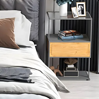 Modern Grey Nightstand Glass Top 1 Drawer Open Shelves Storage Image - 3