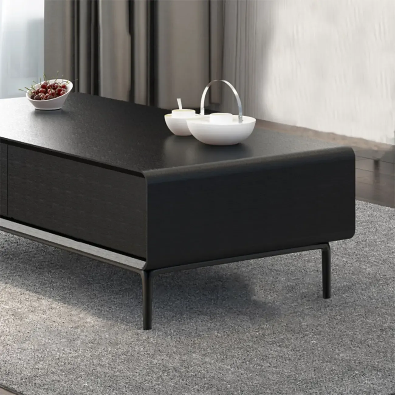 Modern Minimalist Wood Black Coffee Table with Drawers & Legs Image - 11