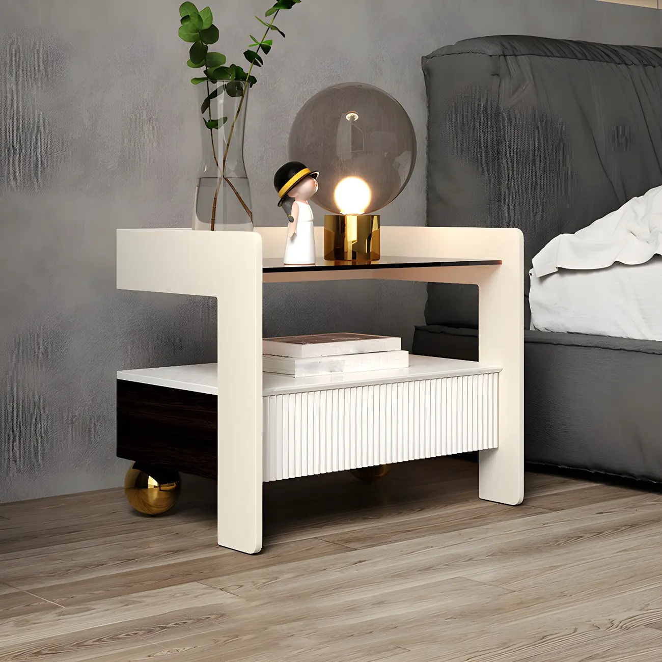 Modern Bedside Table with Drawer Glass Top and Open Storage Image - 12 | homeyfad